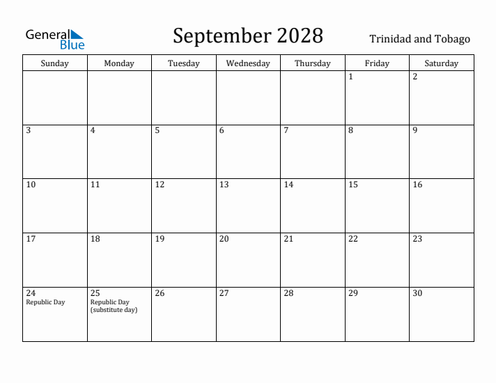September 2028 Calendar Trinidad and Tobago