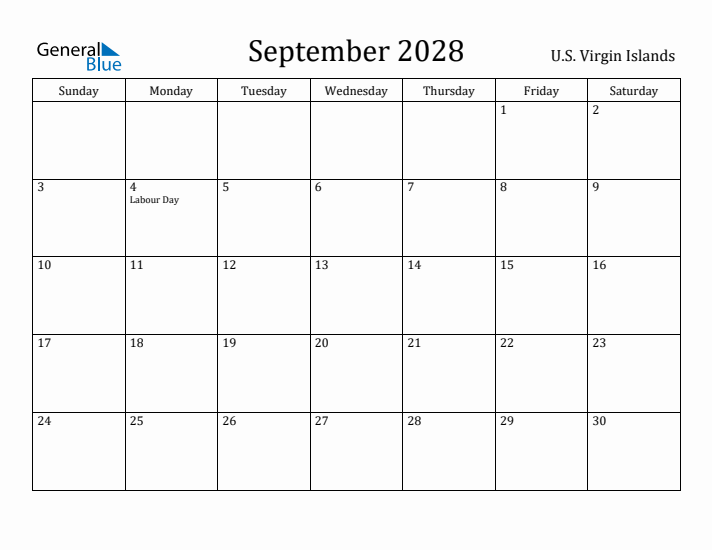 September 2028 Calendar U.S. Virgin Islands