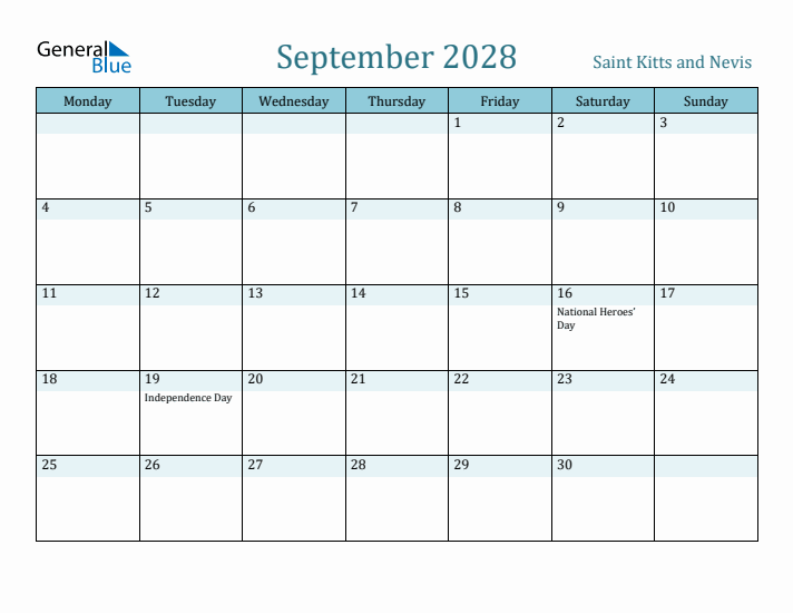 September 2028 Calendar with Holidays