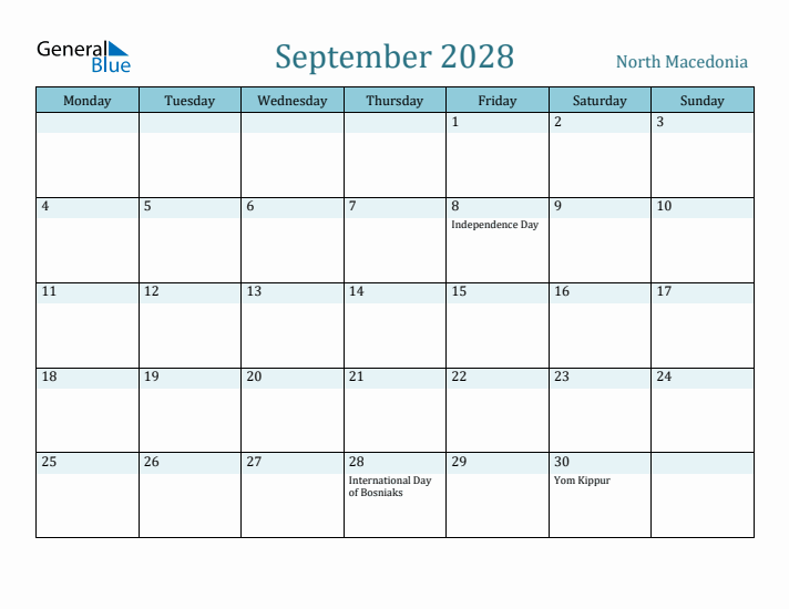 September 2028 Calendar with Holidays