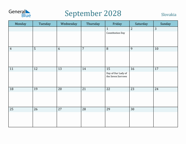 September 2028 Calendar with Holidays
