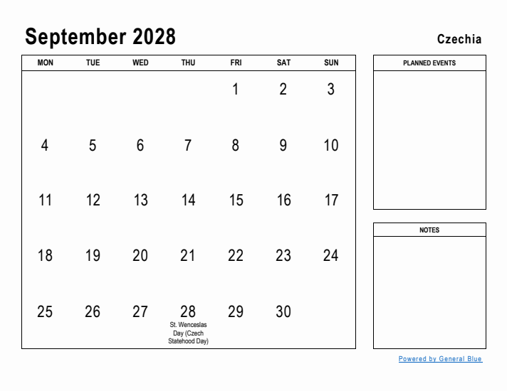 September 2028 Printable Monthly Calendar with Czechia Holidays
