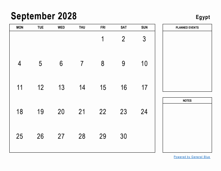 September 2028 Printable Monthly Calendar with Egypt Holidays