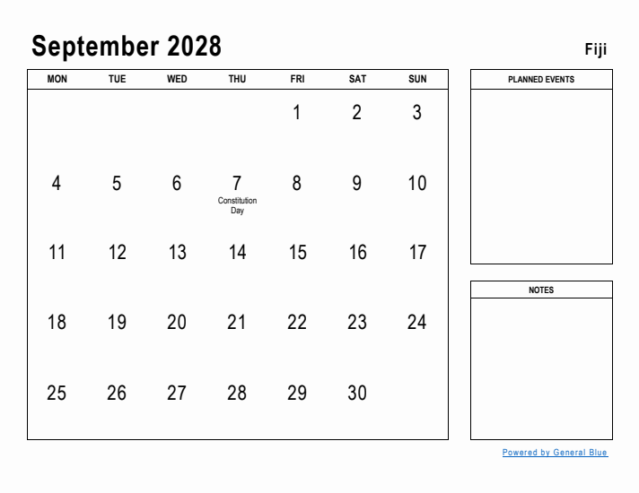 September 2028 Printable Monthly Calendar with Fiji Holidays