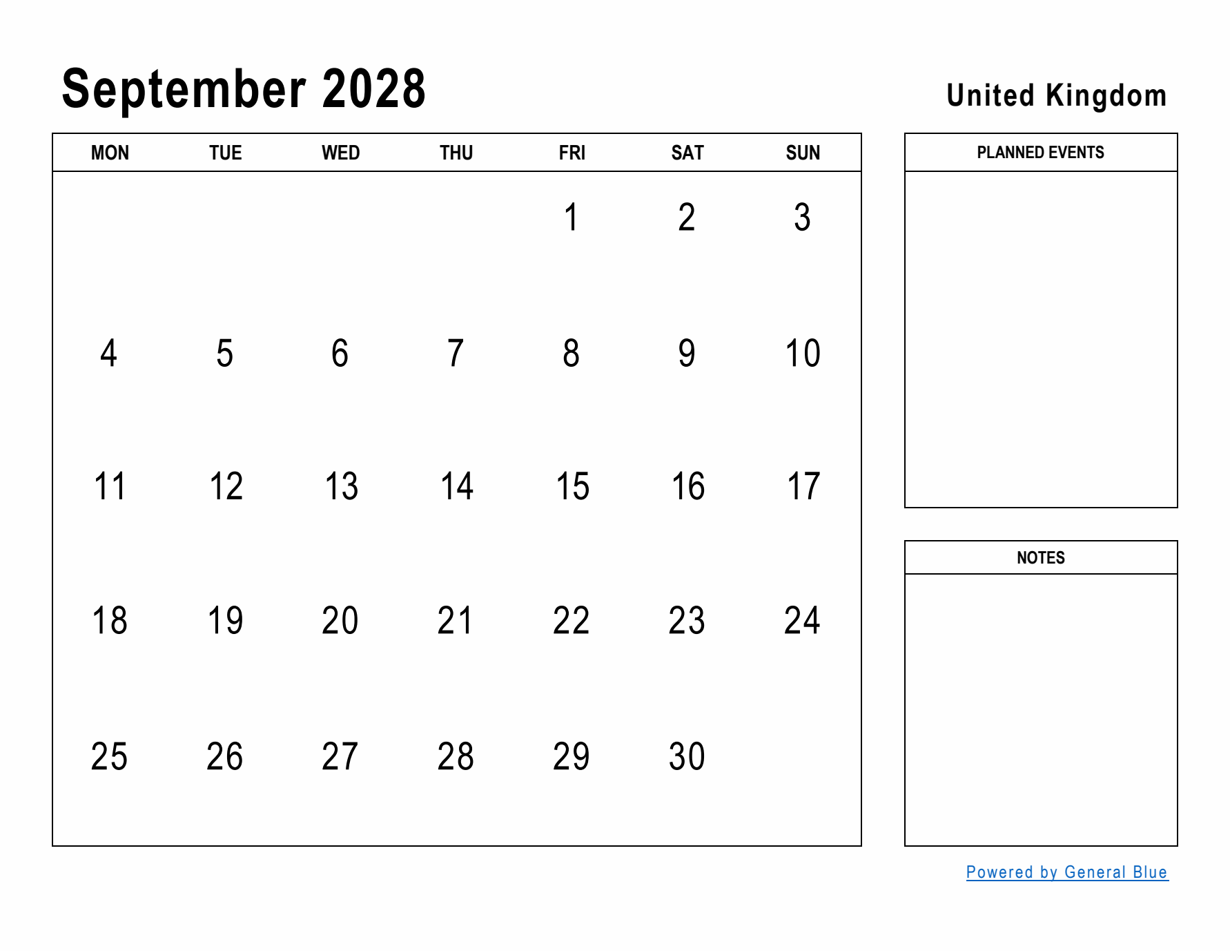 September 2028 Printable Monthly Calendar with United Kingdom Holidays