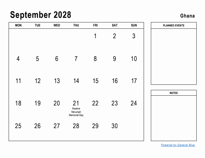 September 2028 Printable Monthly Calendar with Ghana Holidays