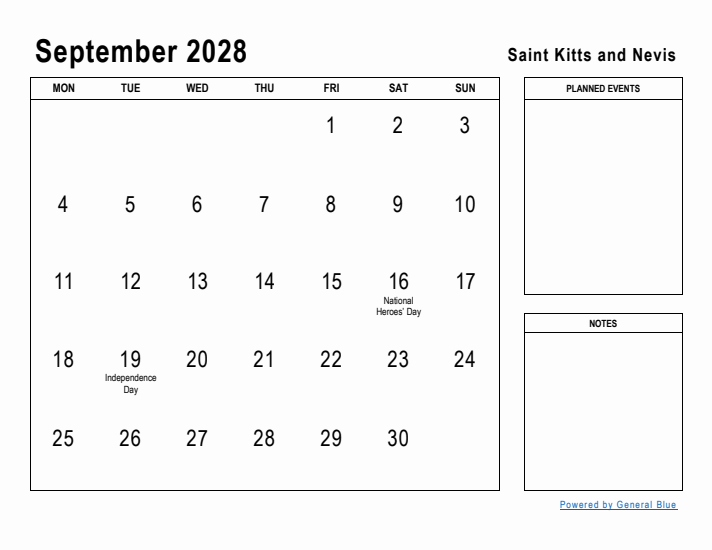September 2028 Printable Monthly Calendar with Saint Kitts and Nevis Holidays