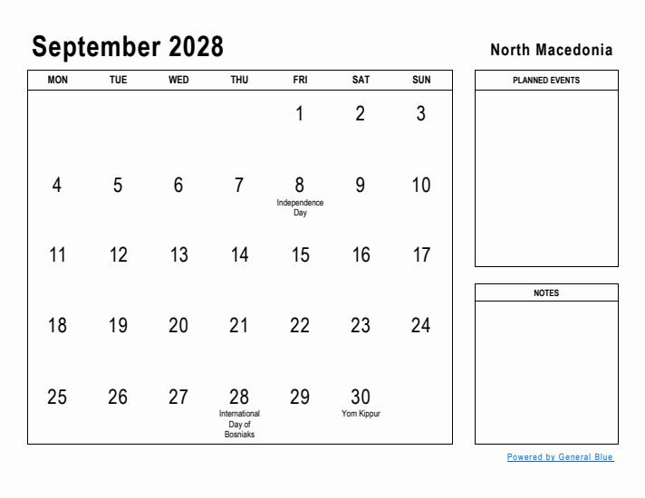 September 2028 Printable Monthly Calendar with North Macedonia Holidays