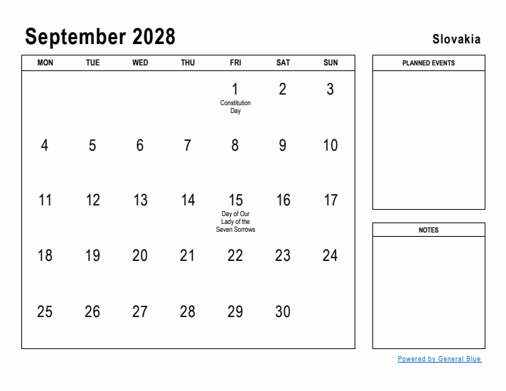 September 2028 Printable Monthly Calendar with Slovakia Holidays