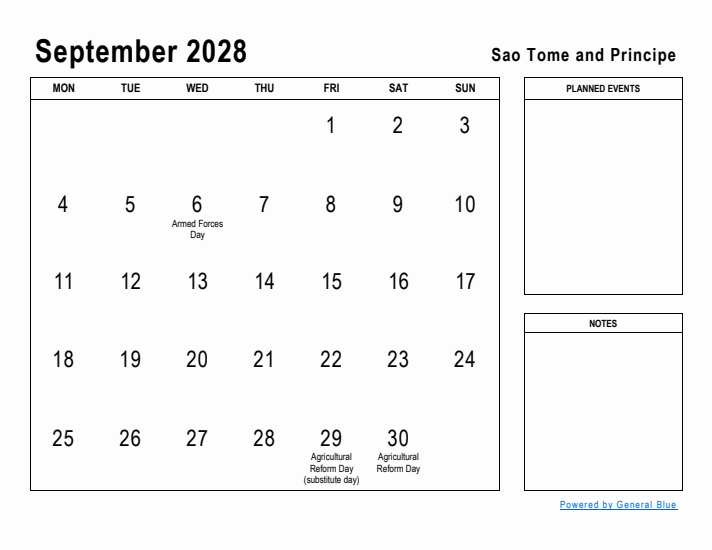 September 2028 Printable Monthly Calendar with Sao Tome and Principe Holidays