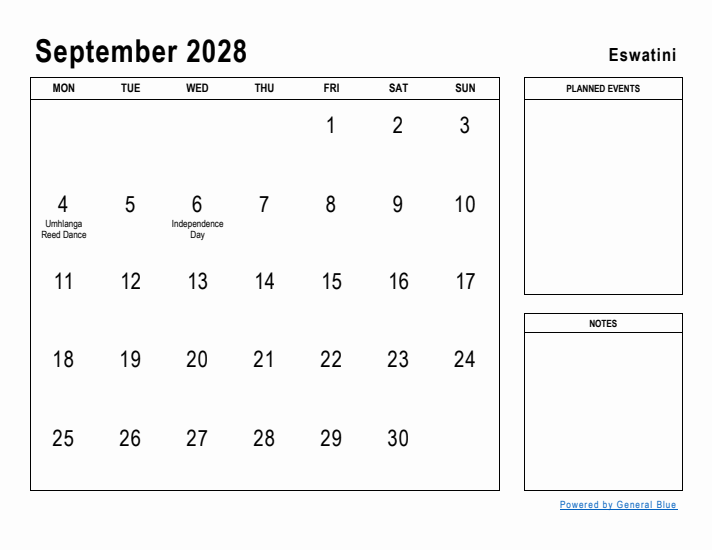 September 2028 Printable Monthly Calendar with Eswatini Holidays