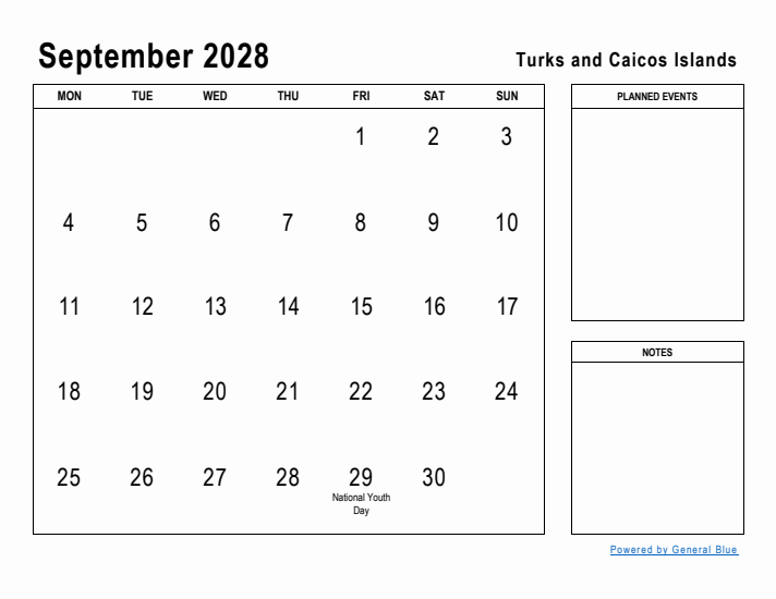 September 2028 Printable Monthly Calendar with Turks and Caicos Islands Holidays