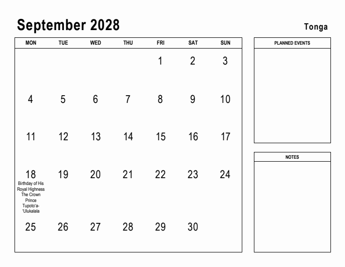 September 2028 Printable Monthly Calendar with Tonga Holidays