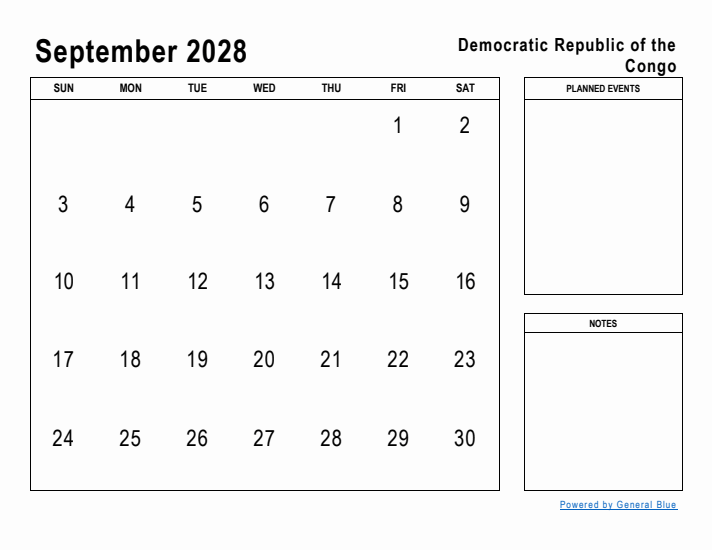 September 2028 Printable Monthly Calendar with Democratic Republic of the Congo Holidays