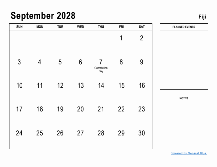 September 2028 Printable Monthly Calendar with Fiji Holidays