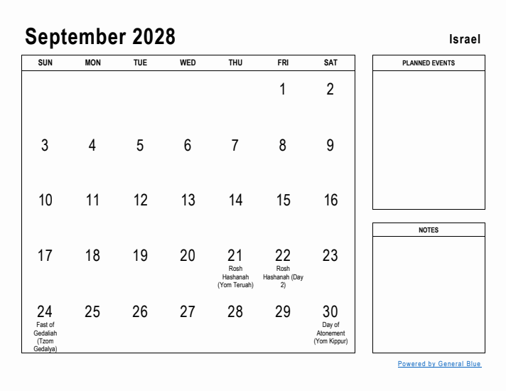 September 2028 Printable Monthly Calendar with Israel Holidays