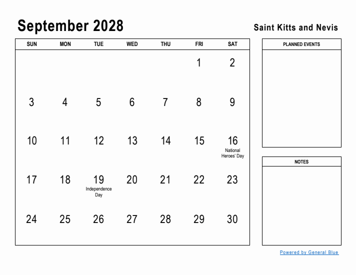 September 2028 Printable Monthly Calendar with Saint Kitts and Nevis Holidays