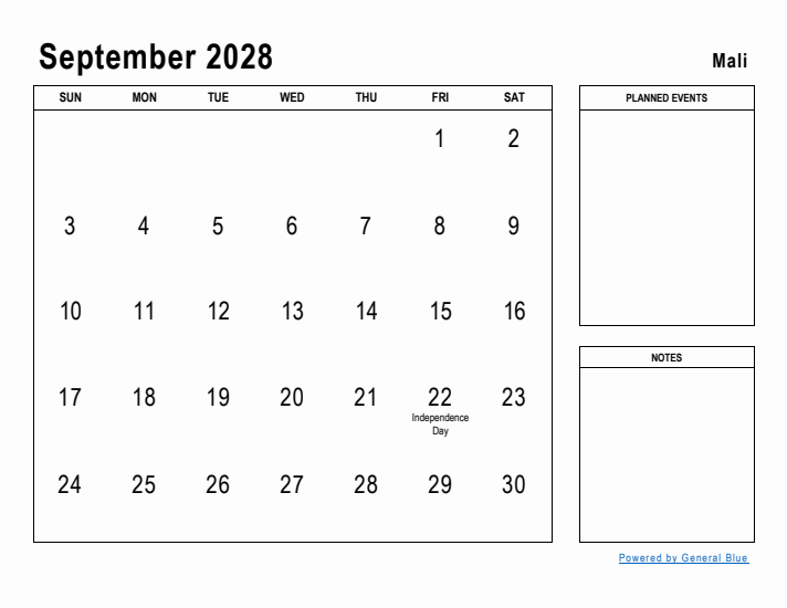 September 2028 Printable Monthly Calendar with Mali Holidays