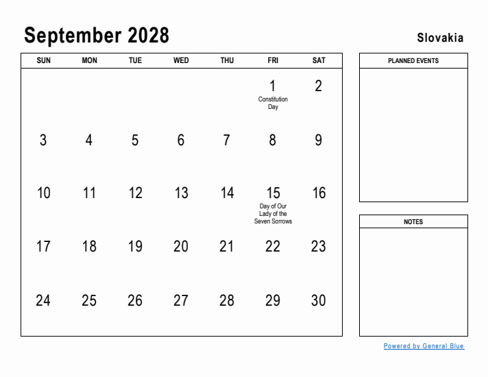 September 2028 Printable Monthly Calendar with Slovakia Holidays