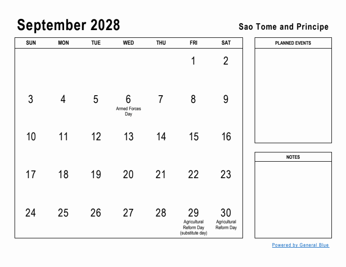 September 2028 Printable Monthly Calendar with Sao Tome and Principe Holidays