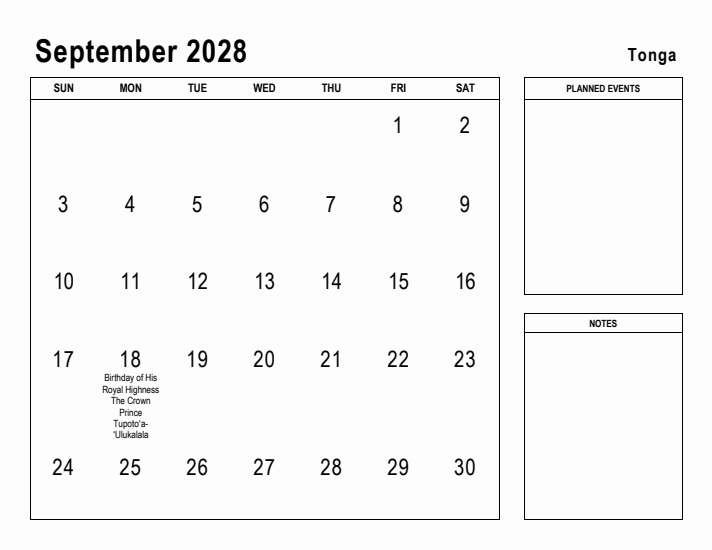 September 2028 Printable Monthly Calendar with Tonga Holidays