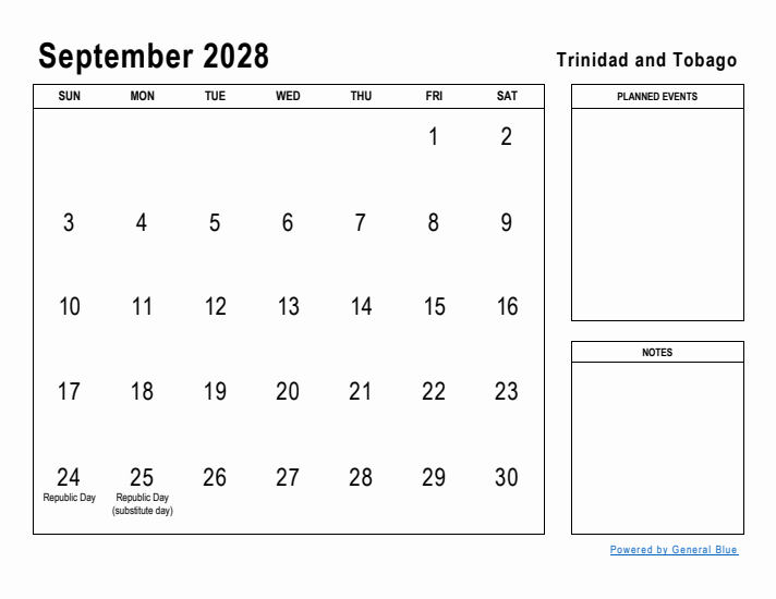 September 2028 Printable Monthly Calendar with Trinidad and Tobago Holidays