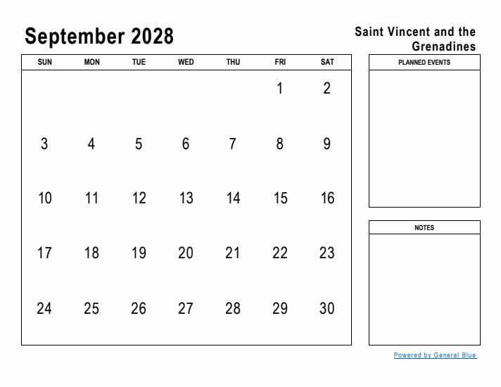 September 2028 Printable Monthly Calendar with Saint Vincent and the Grenadines Holidays
