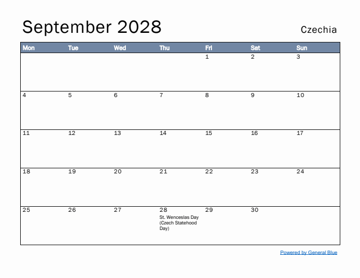 September 2028 Simple Monthly Calendar for Czechia