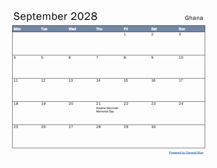 September 2028 Simple Monthly Calendar for Ghana