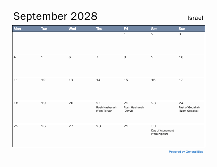 September 2028 Simple Monthly Calendar for Israel