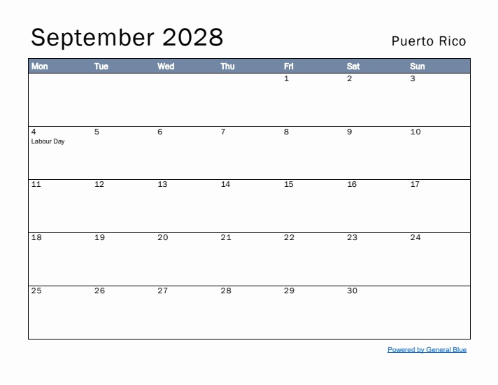September 2028 Simple Monthly Calendar for Puerto Rico