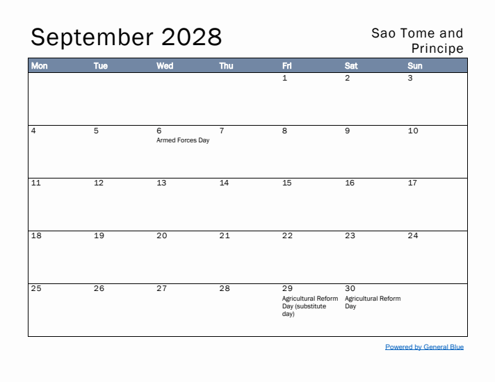 September 2028 Simple Monthly Calendar for Sao Tome and Principe