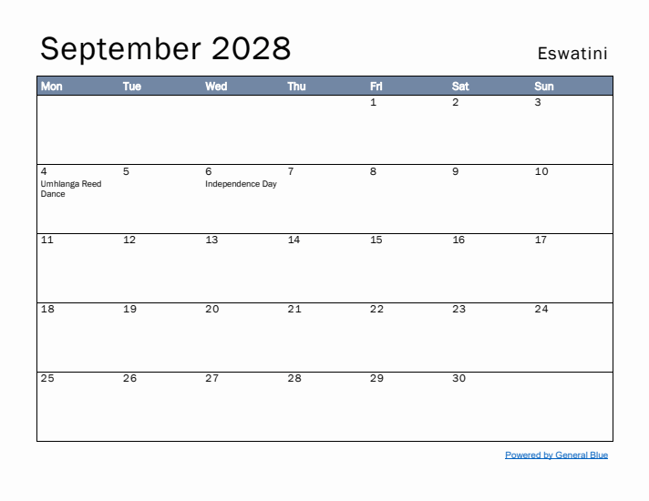 September 2028 Simple Monthly Calendar for Eswatini