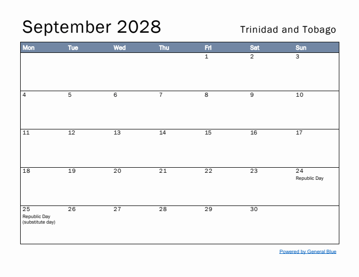 September 2028 Simple Monthly Calendar for Trinidad and Tobago