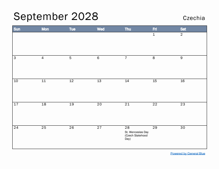 September 2028 Simple Monthly Calendar for Czechia