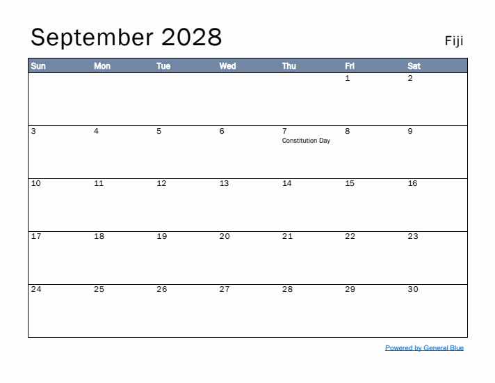 September 2028 Simple Monthly Calendar for Fiji