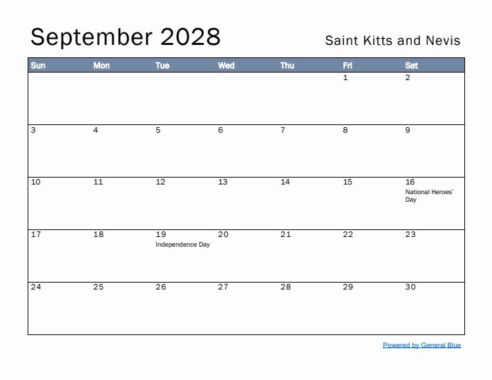 September 2028 Simple Monthly Calendar for Saint Kitts and Nevis