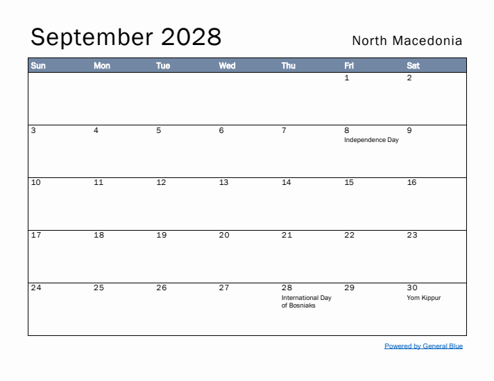 September 2028 Simple Monthly Calendar for North Macedonia