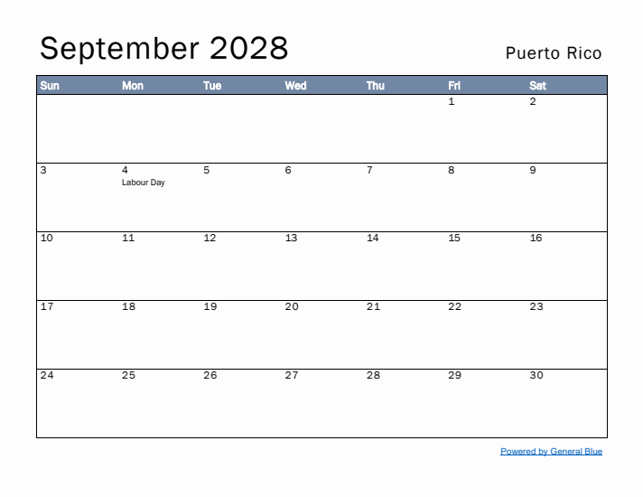 September 2028 Simple Monthly Calendar for Puerto Rico