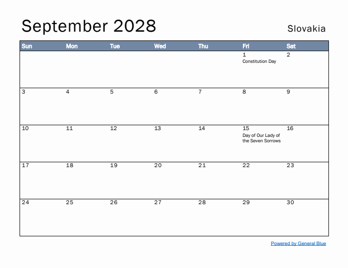 September 2028 Simple Monthly Calendar for Slovakia