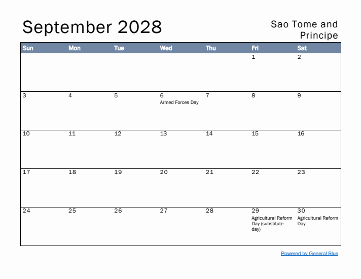 September 2028 Simple Monthly Calendar for Sao Tome and Principe