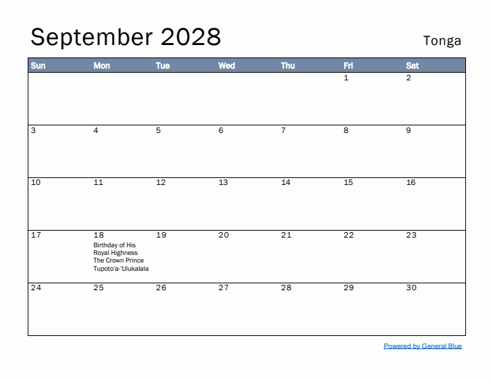 September 2028 Simple Monthly Calendar for Tonga