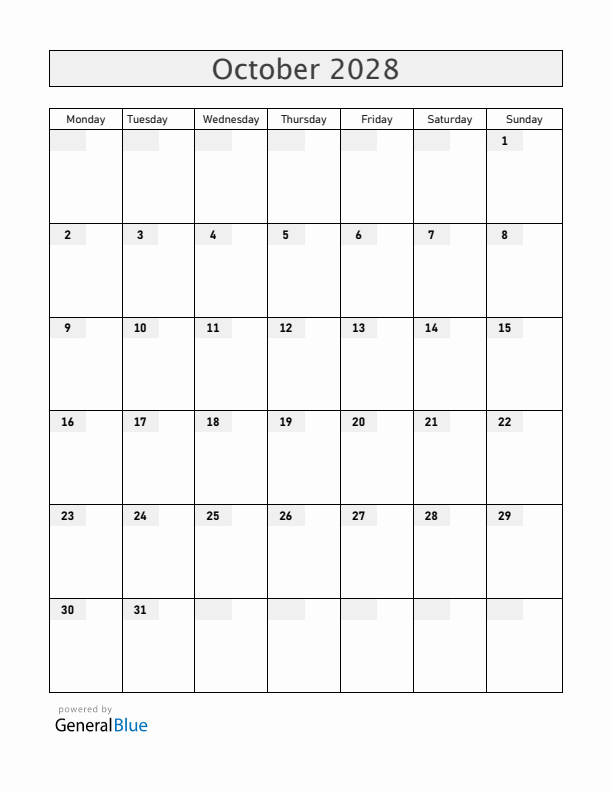 Blank October 2028 Calendar