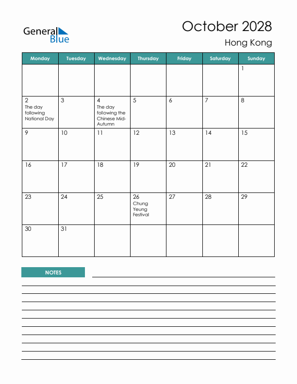Calendar with Notes Printable - Monday Start