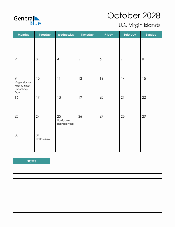 Calendar with Notes Printable - Monday Start