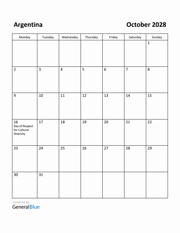 October 2028 Calendar with Argentina Holidays