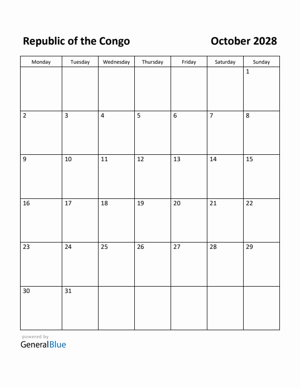 October 2028 Calendar with Republic of the Congo Holidays