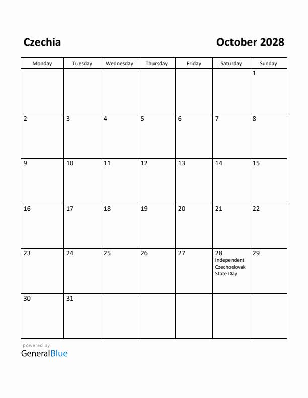 October 2028 Calendar with Czechia Holidays