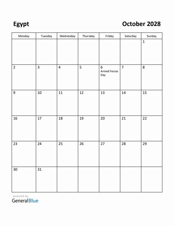 October 2028 Calendar with Egypt Holidays