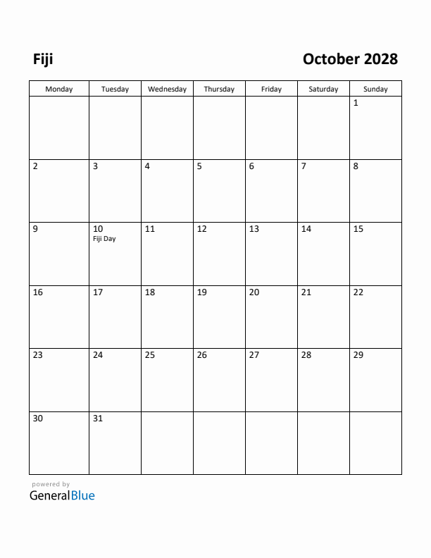 October 2028 Calendar with Fiji Holidays